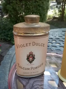 VIOLET DULCE BRAND TALCUM POWDER TIN WITH FRENCH IVORY TALC HOLDER VINTAGE - Picture 1 of 12