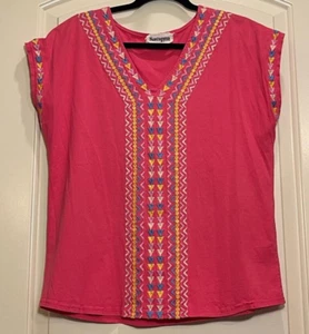 Savanna Jane Womens Pink Cap Sleeve tunic w/colorful embroidery front SZ Small - Picture 1 of 8