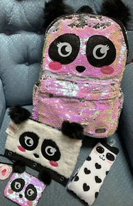 JUSTICE “I LOVE PANDAS” IRIDESCENT SEQUINS BACKPACK/PENCILCASE/WRISTLET/KNEESOCK - Picture 1 of 2