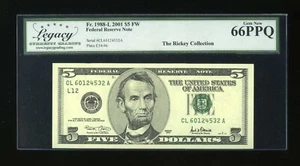 DBR 2001 $5 FRN San Francisco Gem Fr. 1988-L Legacy 66 PPQ Serial CL60124532A - Picture 1 of 2