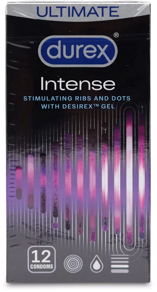 Látex Durex Lubricado Intenso, Acanalado y Punteado, Paquete de 12 Fecha de Caducidad 07-2025 - Imagen 1 de 1