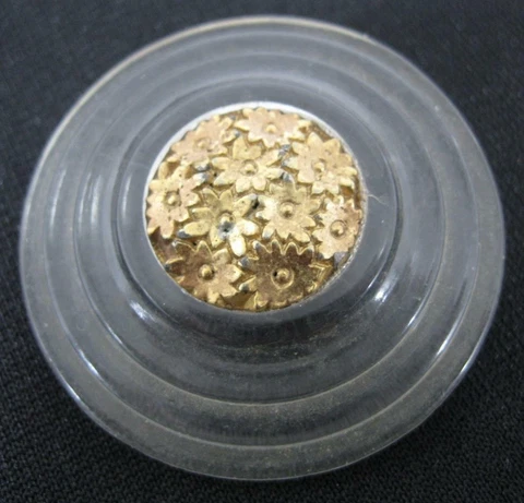 Vintage Clear Celluloid with Brass Flower Center Button Large 1 3/4" Cover