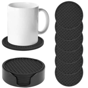 Silicone Drinks Coasters Non-Slip Cup Mat Pad With Holder Round Rubber 6 PCS - Picture 1 of 11