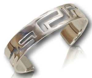 Bangle Cuff Bracelet with Greek L Cut Design High Polished Silver Finish - Picture 1 of 3