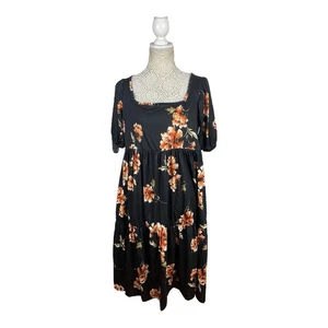 Boohoo Black Orange Floral Dress Women's UK Size 12 Midi Tiered Square Neck - Picture 1 of 10
