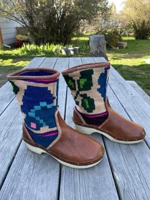 Vintage Rosa Mosa Vienna Clog Boots Wool Cow Leather Aztec Boho Size 7/7.5 Or 38 - Image 1 of 4