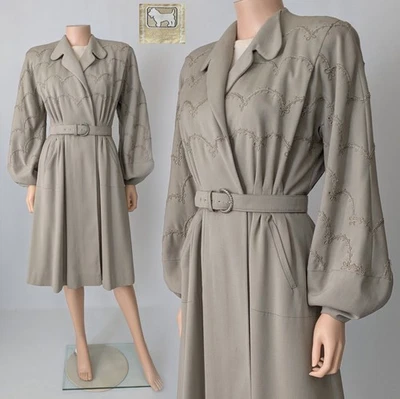 Abrigo De Colección Años 40 Lana Taupe Gabardina Hombro Ancho Mangas Globo Cinturón S/M Foto 1 de 4