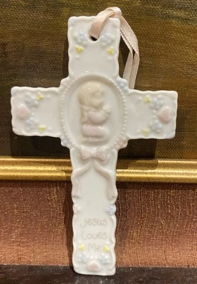 Precious Moments Jesus Loves Me ceramic cross baby girl pink baptism ribbon 4.5” - Image 1 of 4