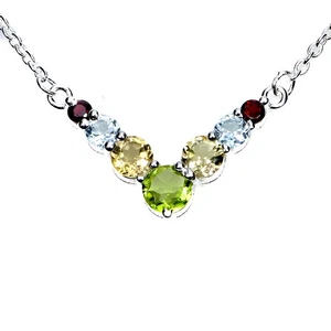 925 Sterling Silver Necklace Round Peridot Citrine Garnet Topaz Gemstone 18in - Picture 1 of 13