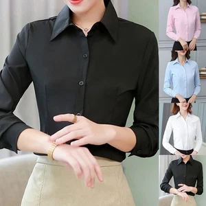 Ladies Office Lady Business Shirt Women Solid Button Up Long Sleeve Blouse - Picture 1 of 25
