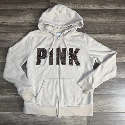 Sudadera con Capucha Victorias Secret Rosa Cremallera Completa Beige Campus Leopardo Talla Pequeña Foto 1 de 4