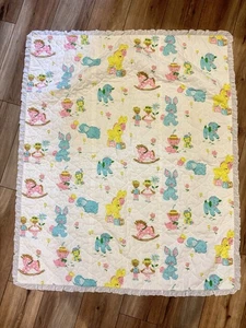 Vintage 1960's Handmade Baby Crib Blanket Quilt Horse Elephant Bunny 49"x40" - Picture 1 of 4
