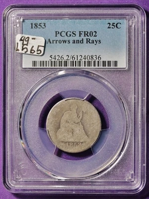 1853 Seated Liberty Quarter.  Arrows and Rays.  In PCGS Holder.  FR02.  L565 - Image 1 of 2