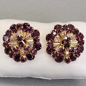 Vintage Strass Ohrclips lila rund Glas geschichtet rosa goldfarben 1" - Bild 1 von 15
