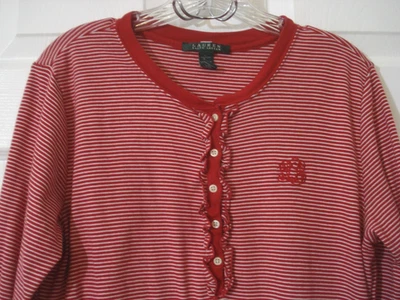Ralph Lauren Women's Red White Stripe Sleep Shirt Gown Ruffle Logo Size Large - Image 1 of 4
