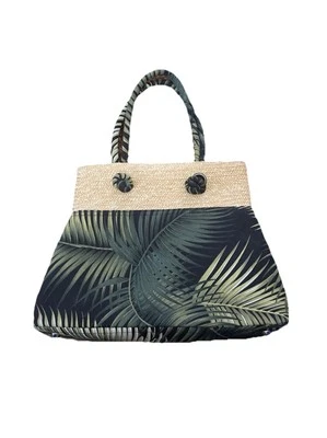 Hermoso bolso de mano con borde superior de arpillera marrón y estampado de hojas verdes. Usado Foto 1 de 4