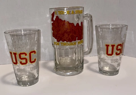 University Southern California Pint Glasses and USC Trojan Drinking Mug Lot Cover
