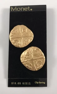 MONET NWT Brushed Gold Tone Egyptian Revival Coin Hieroglyph Clip Earrings. #615 - Picture 1 of 5