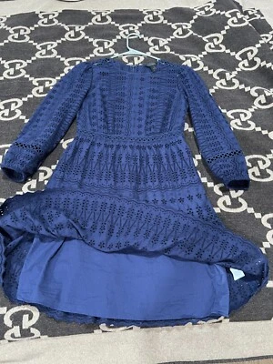J. Crew Women's Dress Navy Blue Eyelet Embroidered Puff Sleeve Fit Flare Size 00 - Image 1 of 4