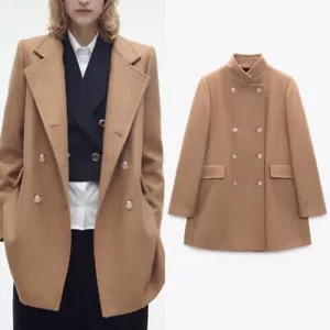 Zara Jackets & Coats | Double Breasted Wool Blend Coat Taupe Sz M 2057/289 - Picture 1 of 8