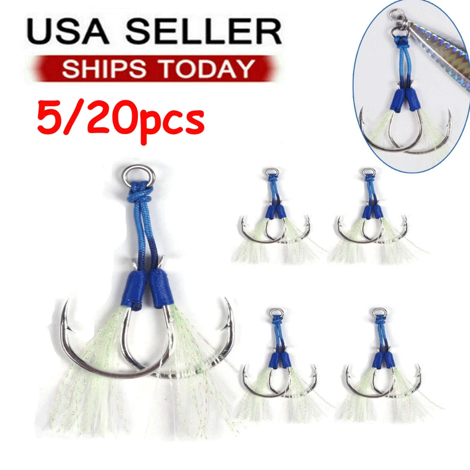 Double Assist Hooks Carbon Steel Jig Hook Big Game Saltwater Fishing Hook 5-20pc - Image 1 of 4