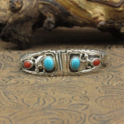 Correa de reloj Navajo coral y turquesa de plata de ley con hojas de plata Foto 1 de 4