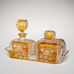 Bohemian Czech Rich Amber Flashed Glass Art Deco Perfume Bottle Box Vanity Tray - Picture 1 of 8