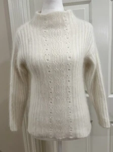 Vtg Angora Sweater Sz M Fuzzy Mockneck 90’s White Cozy Preppy Quiet Luxury - Picture 1 of 7