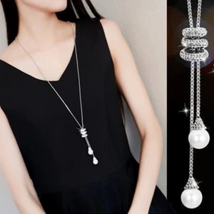 Women Long Chain Simulated Pearl Rhinestone Pendant Necklace Sweater Necklace SH - Picture 1 of 8