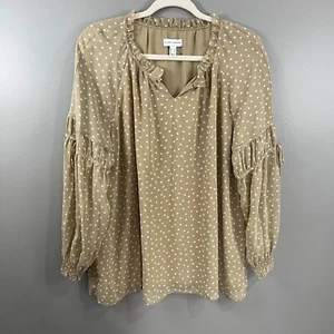 Susan Graver Tan White Polka Dot Sheer Chiffon Raglan Sleeve Peasant Top Medium - Picture 1 of 6