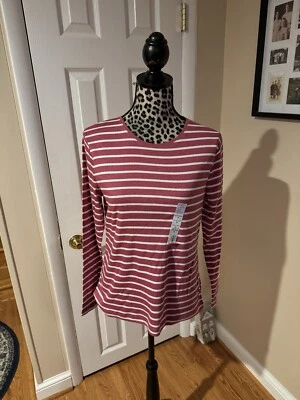 Croft & Barrow T-Shirt Women's Long Sleeve Crew PM Pink White Stripe 100% Cotton - Image 1 of 4