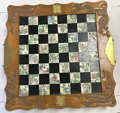VINTAGE CHINESE SOAPSTONE & CARVED WOOD INLAY CHINESE CHESS SET BRASS Complete - Image 1 of 3