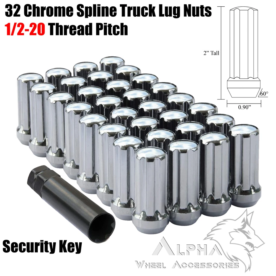 32Pc Chrome 1/2-20 Spline Lug Nuts 2" Fits Dodge D200 Pickup B300 W200 + Key - Image 1 of 4