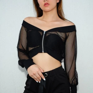 Women Casual Sexy Long Sleeve Zipper Fishnet Coat Gothic Tops Sheer Mesh Jacket - Picture 1 of 11