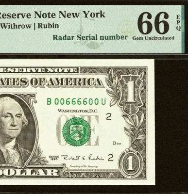 1995 $1 Federal Reserve Note PMG 66EPQ gem fancy radar serial number 00666600 - Image 1 of 3