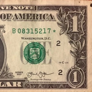 Duplicate B 2013 Star Note One Dollar Bill ☆ B 08315217 ☆ FW Error New York - Picture 1 of 6
