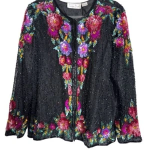Laurence Kazar Vintage Floral Sequin Beaded Blazer Jacket Medium Eighties Glam - Picture 1 of 8