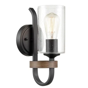 HYDELITE Industrial Seeded Cylindrical Glass Black Wall Sconce | Farmhouse Bl... - Picture 1 of 8