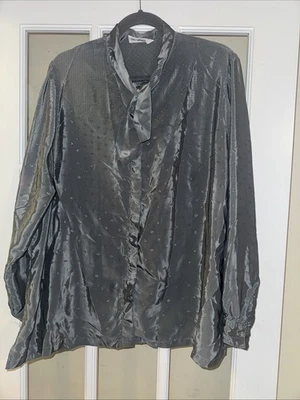 Lady Shapely Vintage Silver Blouse 3X Gray Silky Tie at Neck - Image 1 of 4