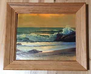 Robert Wood signierter Druck "GOLDEN SURF" 10,5 x 13 im Holzrahmen Vintage - Bild 1 von 7