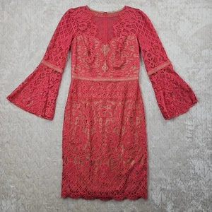 Tadashi Shoji Dress Womens 8 Red Aya17735M Lace Bell Sleeve Cocktail Party Pink - Picture 1 of 9