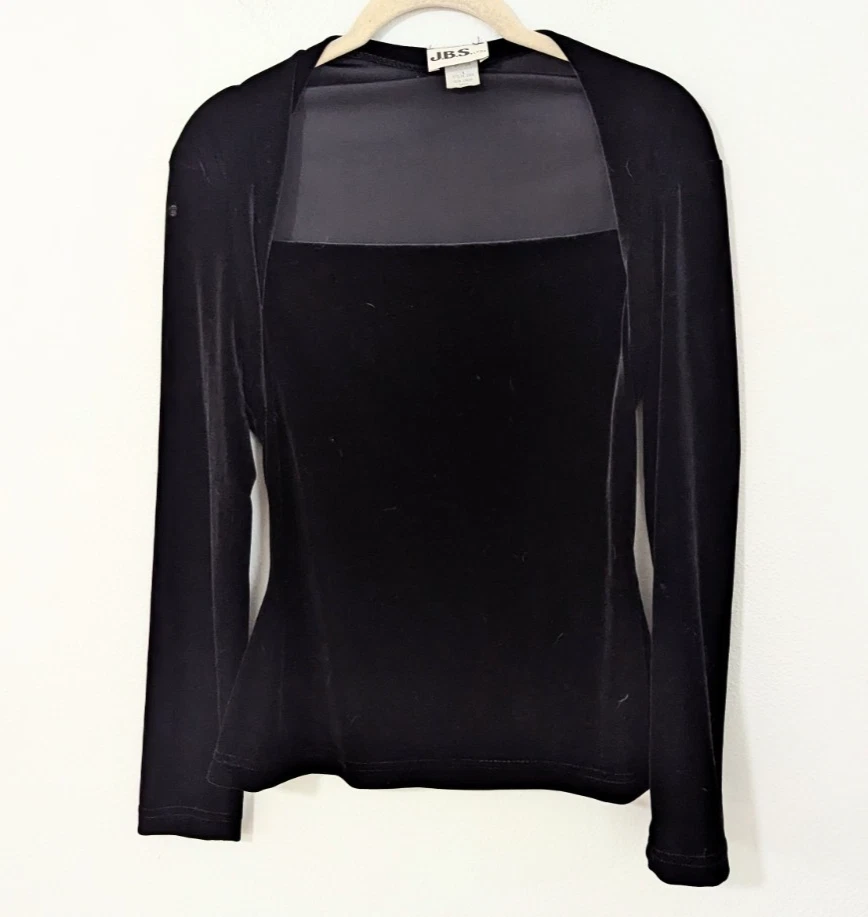 复古 Y2K 方领折叠天鹅绒长袖上衣黑色 S 码 — 第 1/4 张图片