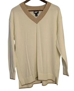 Lands End Damen XL weiß V-Ausschnitt Pullover hellbraun Rippborte Baumwolle - Bild 1 von 12