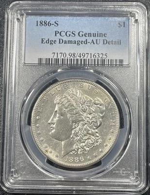 Dólar de plata Morgan 1886-S $1 graduación profesional detalles en el borde daños Foto 1 de 4