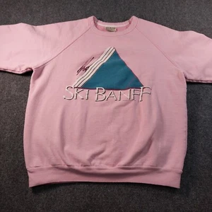 VTG 1987 Ski Banff Sweatshirt L Pink Graphic 80s Canada Made Raglan Fleece Retro - Picture 1 of 10