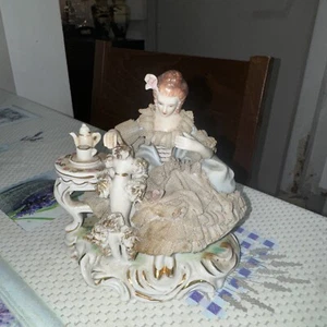 Victorian Woman Porcelain Figurine Sitting at Vanity Dressing Table Vintage Lace - Picture 1 of 7