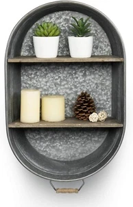 2 Tier Silver Metal Wall Shelf Rack with Wood Display Shelves, Floating Shelf - Picture 1 of 7