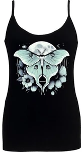 Gothic Luna Moth Women's Spaghetti Strap Tank Top Dark Botanical Flower Moon - Picture 1 of 1