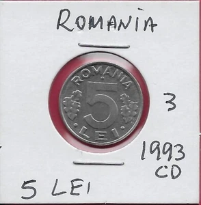 ROMANIA 5 LEI 1993CD UNC VALUE FLANKED BY OAK LEAVES,SHIELD DIVIDES DATE,THE FAC - Picture 1 of 2