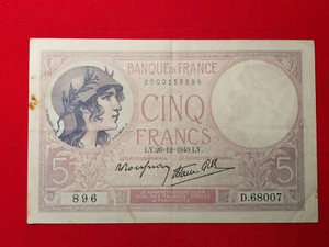 Billet 5 Fr Violet du 26-12-1940 Fay 4/18 Alph. D.68007 TTB+ / VF+ !! - Imagen 1 de 2